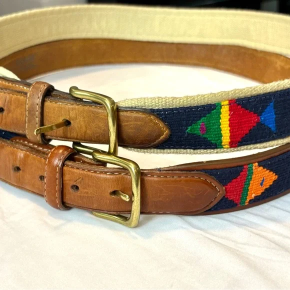 Orvis Brown Leather & Navy Embroidered Fish Belts BUNDLE OF 2 TOTAL