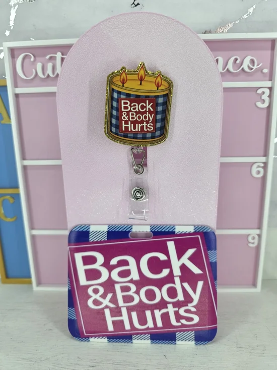 Back & Body Hurts Pink Plaid Badge Reel