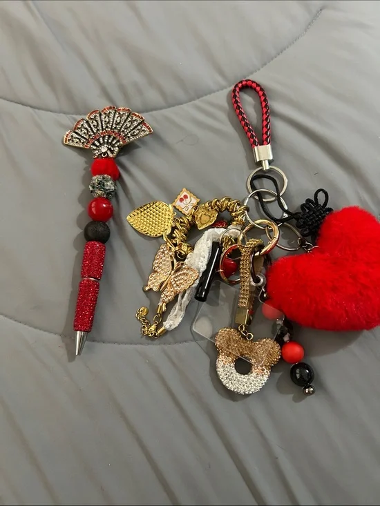 Red Heart Pom-Pom Charm Keychain with Pen