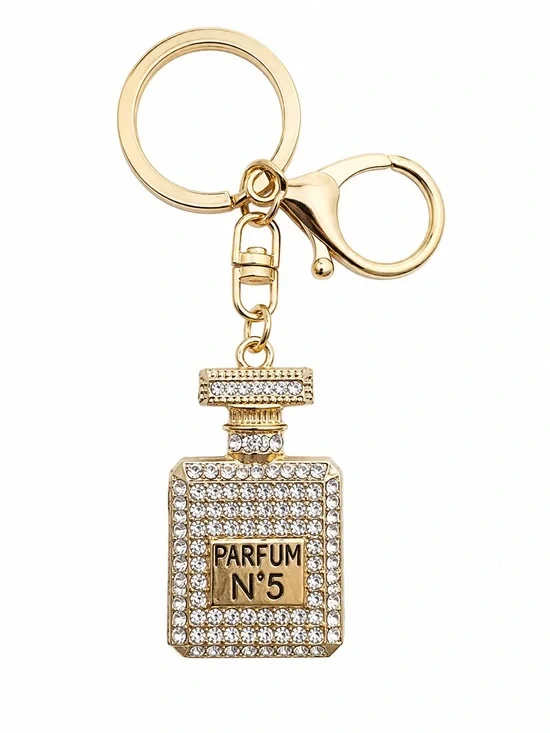 Rhinestone Perfume Bottle Keychain Gold Bag Charm Crystal Bling Glam Accessory