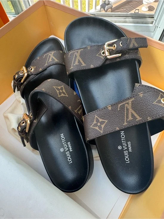 Louis Vuitton Black Footbed Brown Monogram Buckled Slides