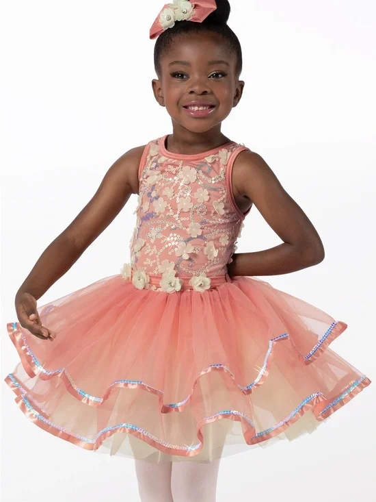 Weissman Coral Pink Floral Sequin Tulle Dance Costume