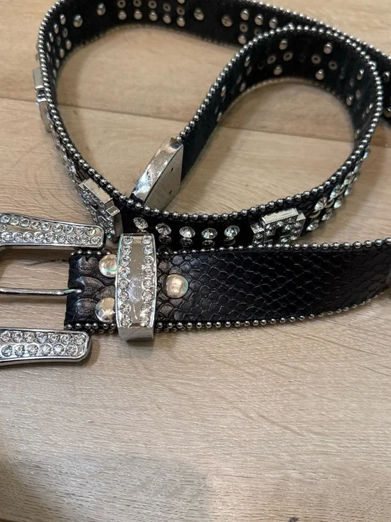 Black Studded Rhinestone Belt genuine leather