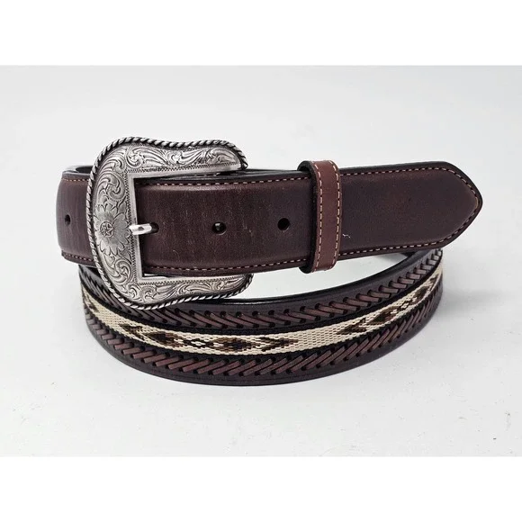 Nocona Belt Co Belt Mens 44 Brown Leather Braided Western Geometric Buckle