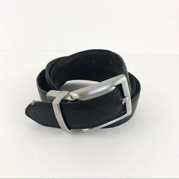 Black leather belt with silver square buckle