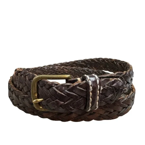 Dark Brown Braided Woven Leather Belt Brass Buckle Made in Turkey Size 44