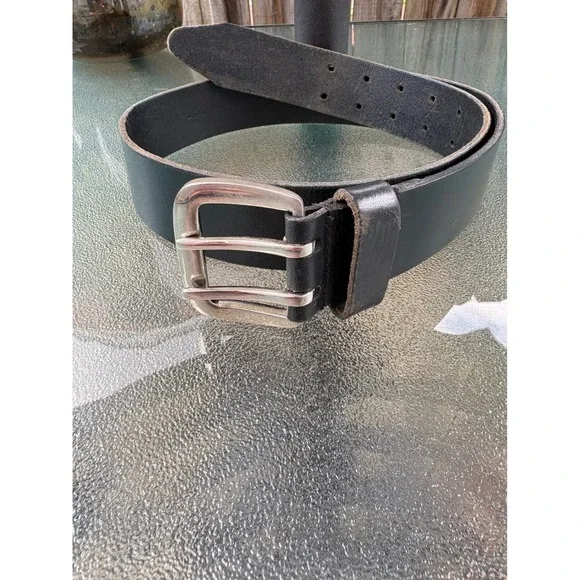 Black Genuine Leather Double Prong Buckle Belt Men Medium 6977FE Silver Hardware