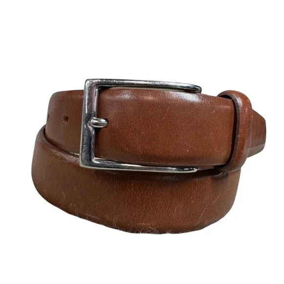 J.Crew Mens Brown Italian Leather Dress Belt Size 30 Silver Buckle E3145