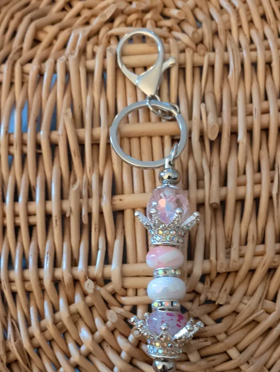 Pink Beaded Crown Keychain & Card Holder Accessory