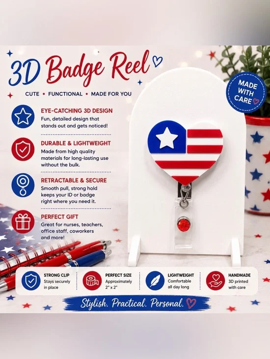 3D USA Flag Badge Reel | Patriotic Retractable ID Holder, Healthcare Worker Gift