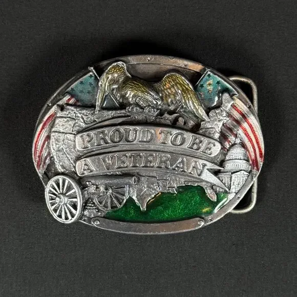 1983 Bergamot Brass Works PROUD TO BE A VETERAN Enameled Belt Buckle vintage