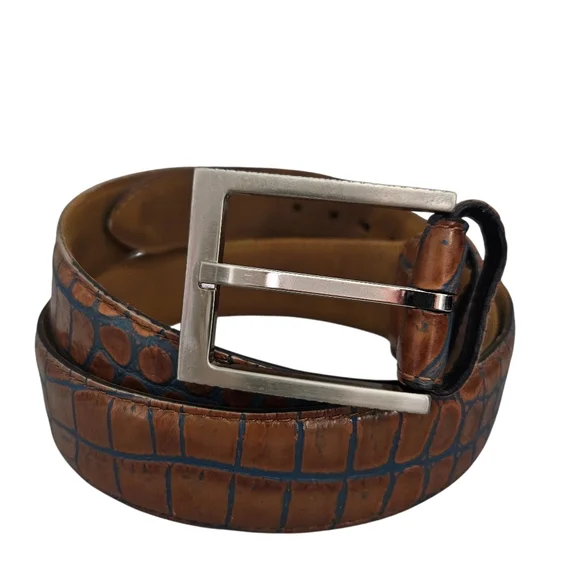 Greg Norman‎ Men's Brown Blue Croco Print Leather Belt Sz 42