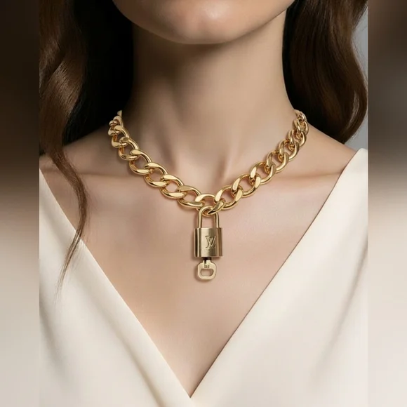 Authentic Louis Vuitton Lock and Key Gold Color with Gold Plated Chain Necklace