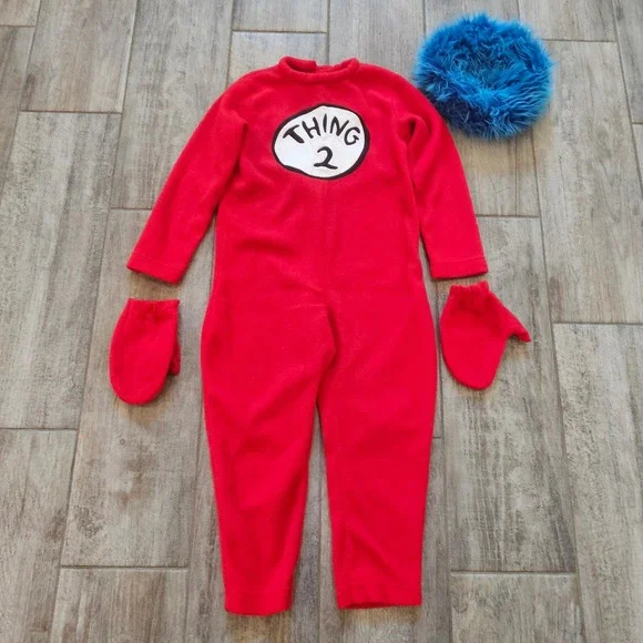 Pottery Barn Kids Costume Size 4-6 Thing 2 Dr Seuss Fleece Gloves Wig Halloween