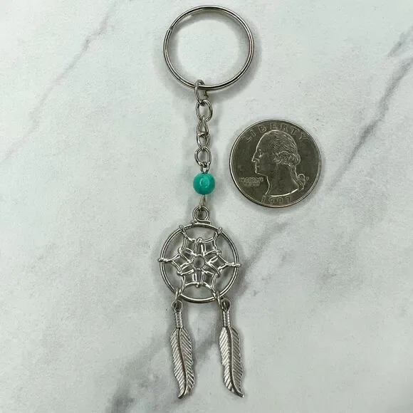 Silver Tone Faux Turquoise Beaded Dreamcatcher Keychain Keyring