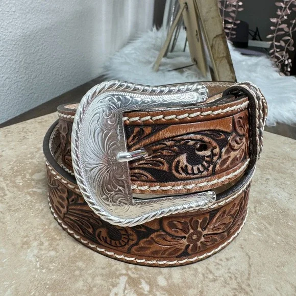 Tony Lama Belt Mens 30 Western Filigree Tooled Floral Leather Cowboy‎ Rodeo Tan