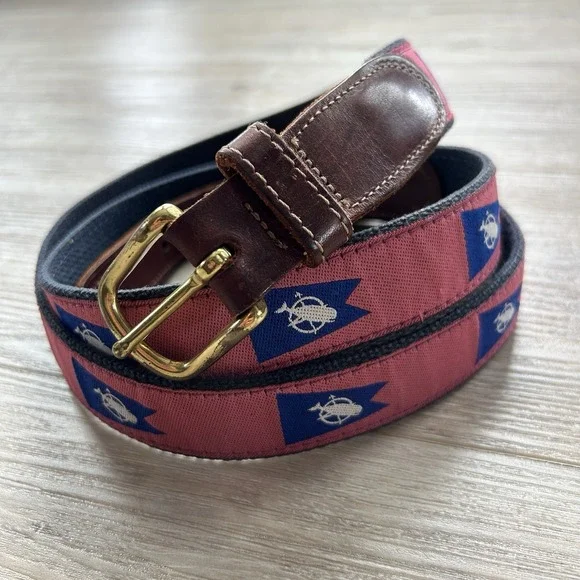 Preston Nautical Belt Sz 46 Made In New‎ England Brass Buckle Leather Canvas
