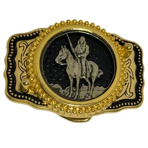 Western‎ Cowboy Native American Horse Rider Belt Buckle Gold Tone Made USA