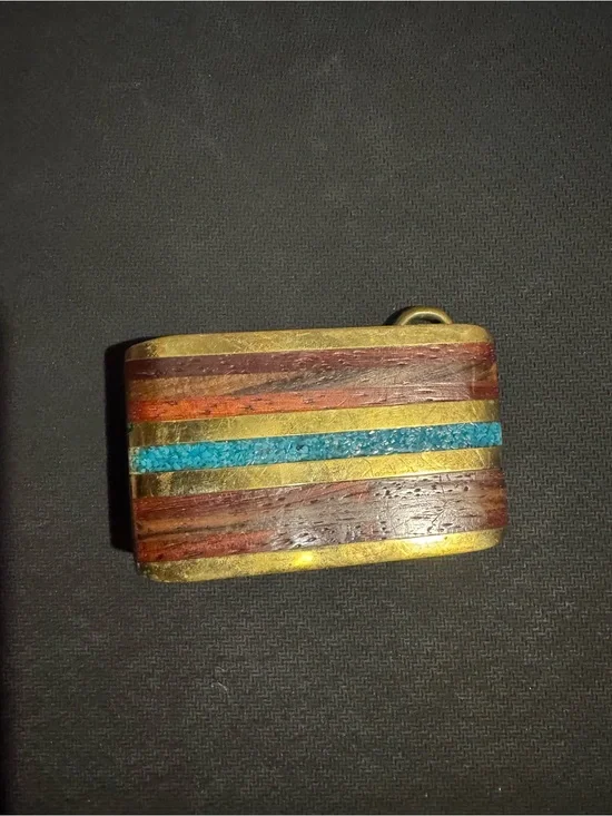 Vintage ABSTRACT EXOTIC WOOD TURQUOISE BRASS HIPPIE BELT BUCKLE!