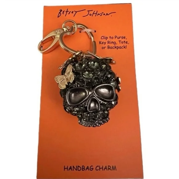 🦋▪️BETSEY JOHNSON▪️ Butterfly-Covered Black  Skull Bag Charm Keychain