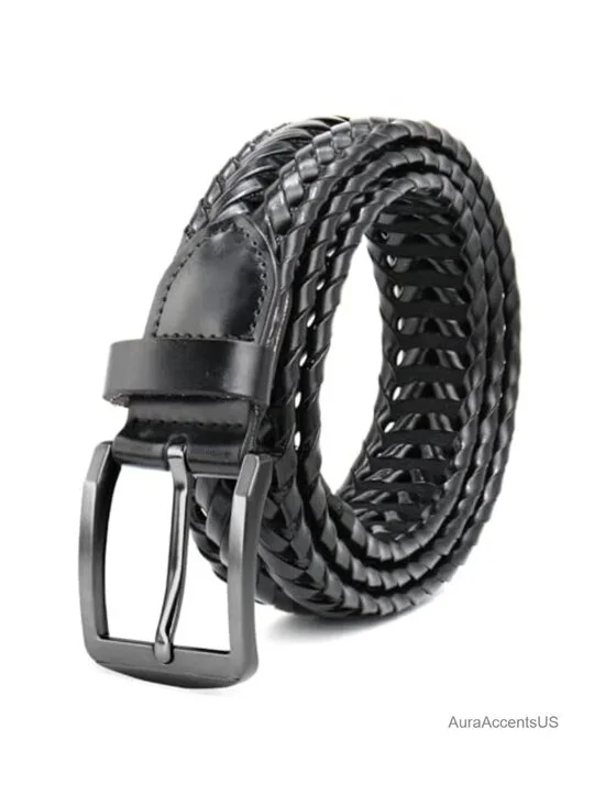 Braided Leather Belt for Men, Fully Adjustable Woven Strap with Metal Buckle