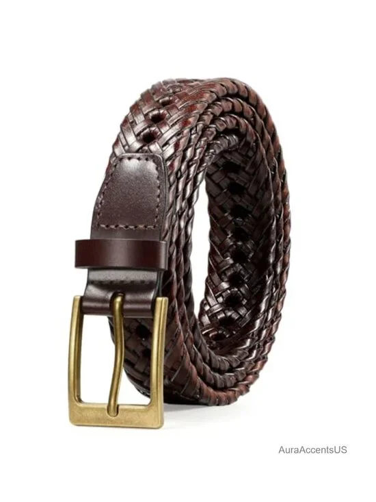 Braided Genuine Leather Belt for Men Adjustable Casual Woven Belt for Jeans