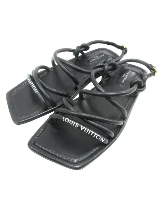 Louis Vuitton Logo Flat Strap Sandals Shoes Leather Gold 35.5 Black
