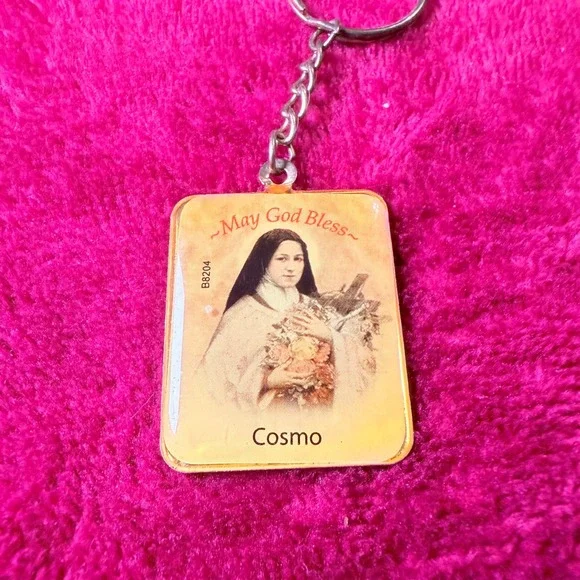 Vintage Saint Therese of Lisieux Religious Keychain May God Bless Catholic Cross