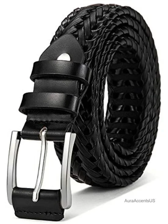 Men's Leather Woven Braided Belt - Holeless Adjustable, Lightweight, Gift Boxed