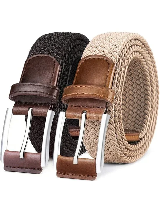 Woven Braided Stretch Web Belt 2-Pack for Men | Breathable No Hole Design | Snug