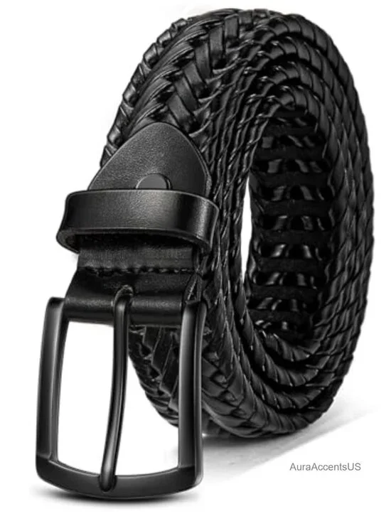 Men's Woven Braided Leather Belt, Adjustable Holeless, Golf Casual