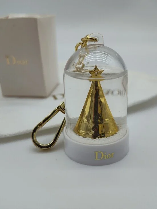 DIOR Snow Globe Keychain Gold Christmas Tree Bag Charm With Dust Bag Japan Rare