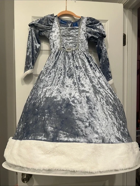 Blue Silver Velvet Princess Costume Dress with White Fur Trim - Kids