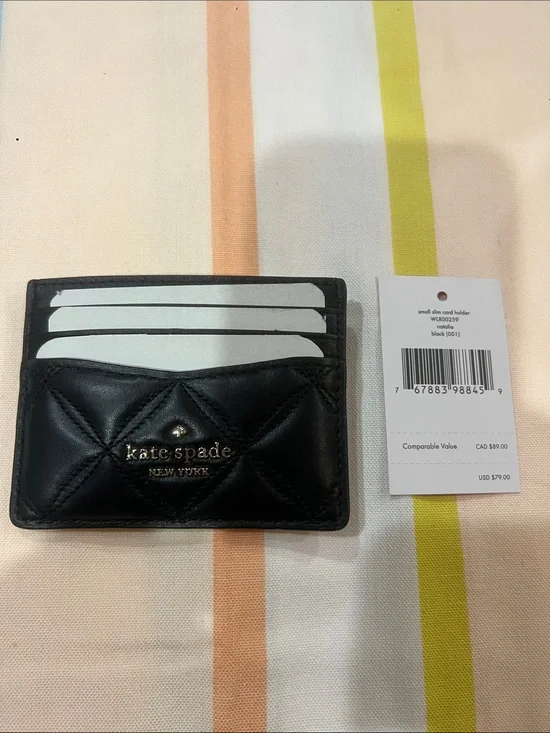 kate spade Black Quilted Leather Slim Card Holder with Gold Logo