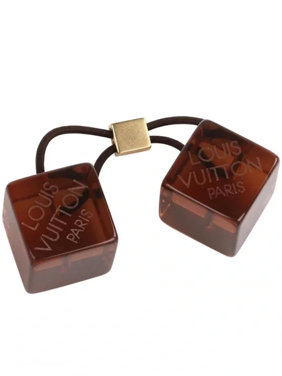 AUTH Louis Vuitton Engraved Logo Brown Lucite Resin Cube Bauble Hair Tie Elastic