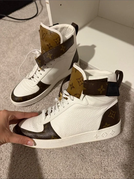 Louis Vuitton White & Brown Monogram High-Top Sneakers