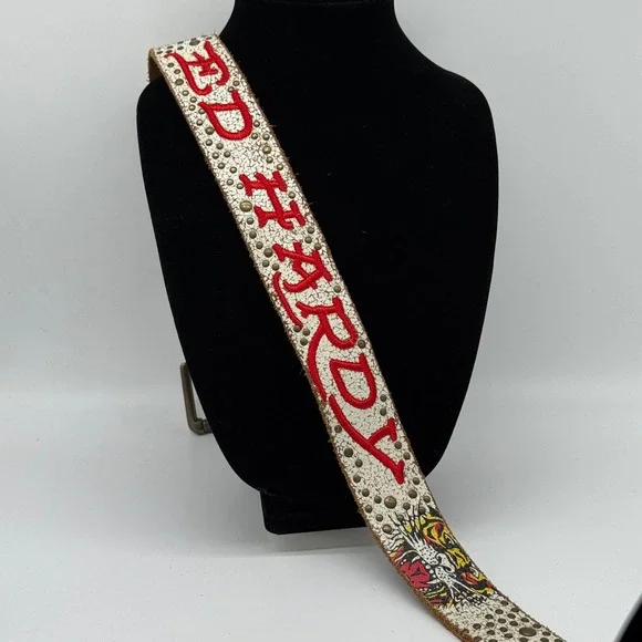Vintage Ed Hardy Studded Leather Belt White Crackle Red Embroidered 39