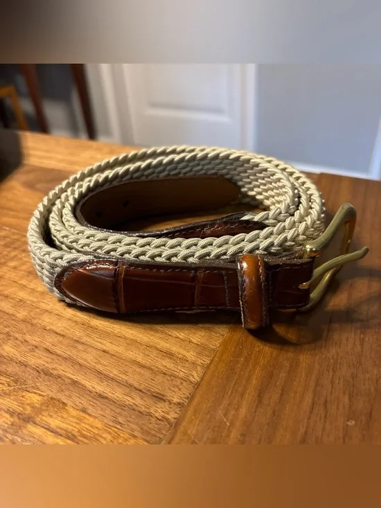 Brighton Men's Braided/Woven Belt Beige/Brown Stretch Brass Buckle Size 48 EUC