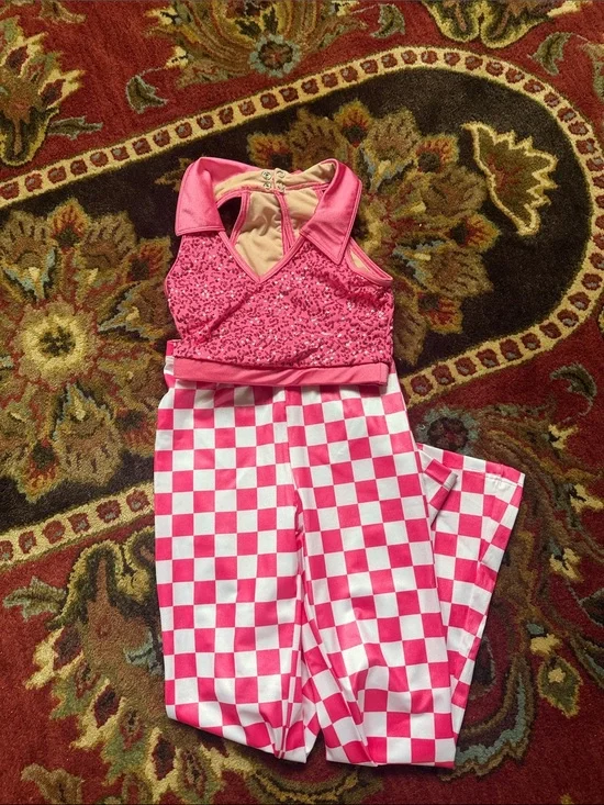 Weissman Pink Sequin Halter Top with Pink & White Checker Pants