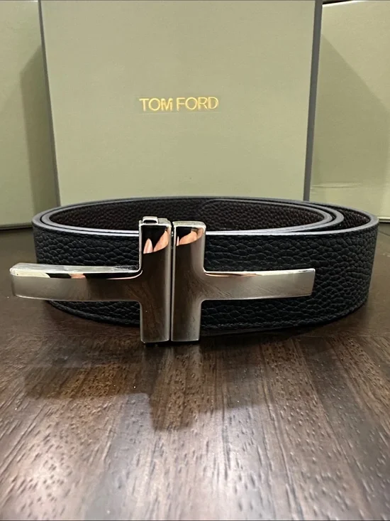 Tom Ford Black Textured Leather Belt with Silver T Buckle