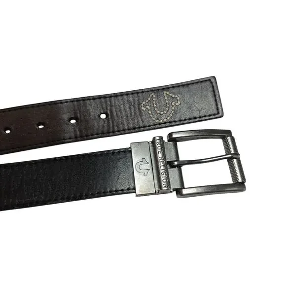 True Religion Reversible Leather Style Belt Mens 34 Black Brown Embroidered Logo