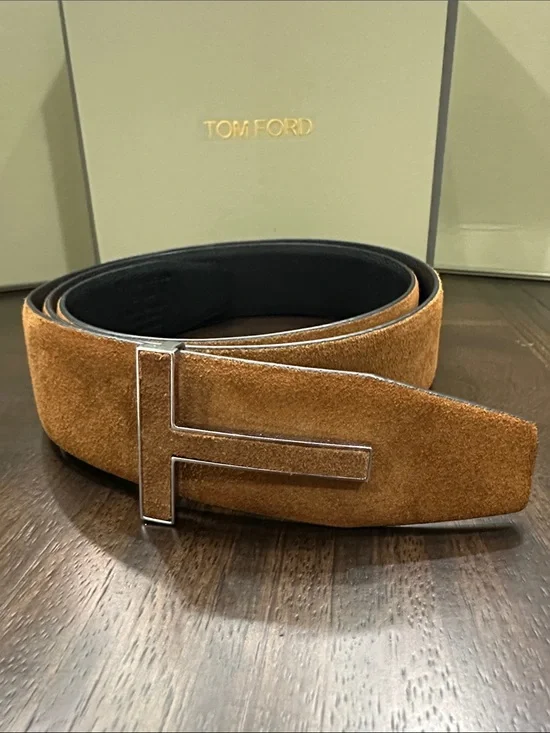 Tom Ford Tan Suede T-Buckle Men's Belt
