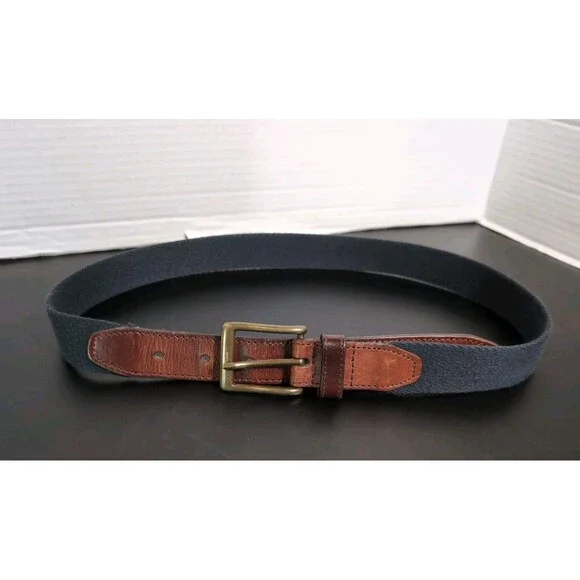 VINTAGE L.L.BEAN Navy Web Belt Sz 30 Brown Leather Solid Brass Buckle Made USA