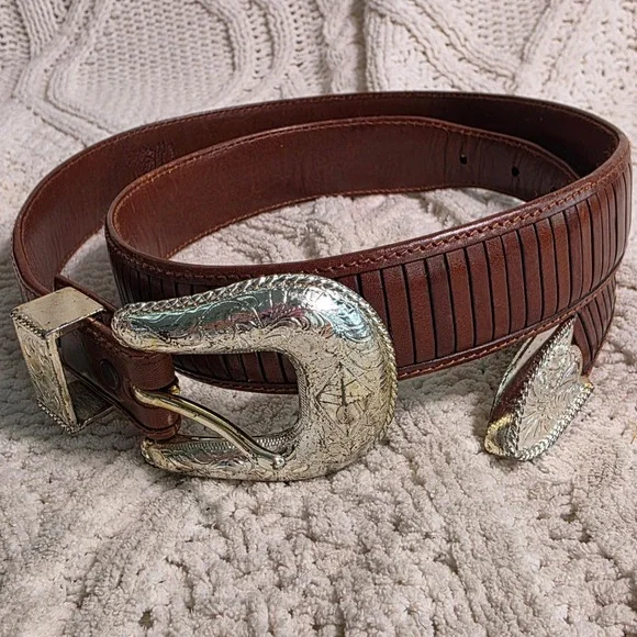 Cinch by Lyntone Western Belt Brown Leather Engraved Buckle Mens 38 Good