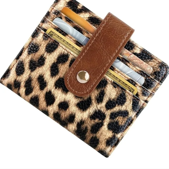 Leopard Print Card Holder with Brown Accent