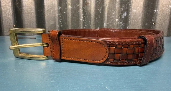 VTG Cole Haan Mens Brown Leather Woven Belt Solid Brass Buckle Italy Size 28