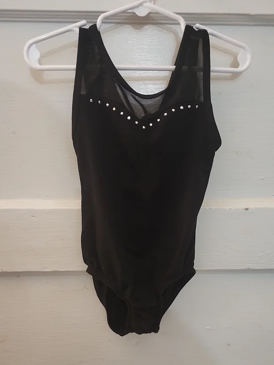 Black Sleeveless Rhinestone Leotard with Mesh Yoke