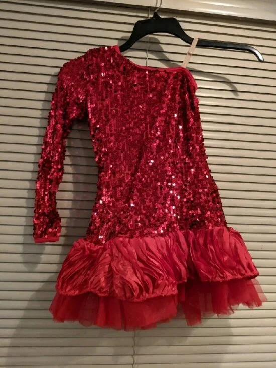Red Sequined One-Shoulder Dance Costume-Weissman Multiple Sizes Available