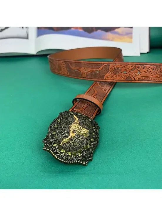 American Western Brown leather belt with silver-toned brass buckle, featuring a