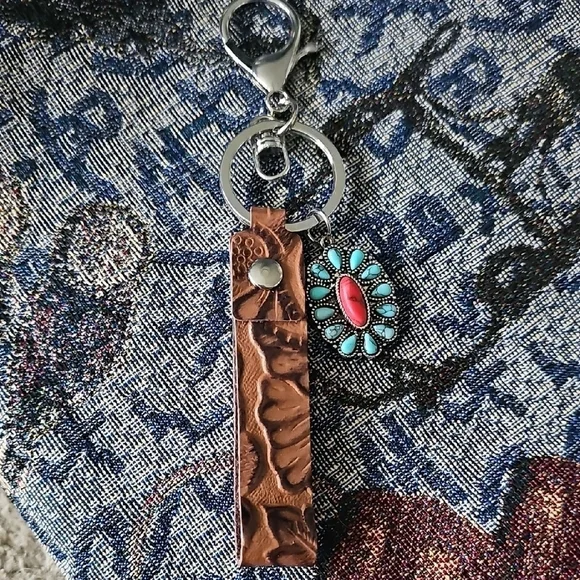 Leather Keychain with Turquoise and Red Stone Charm